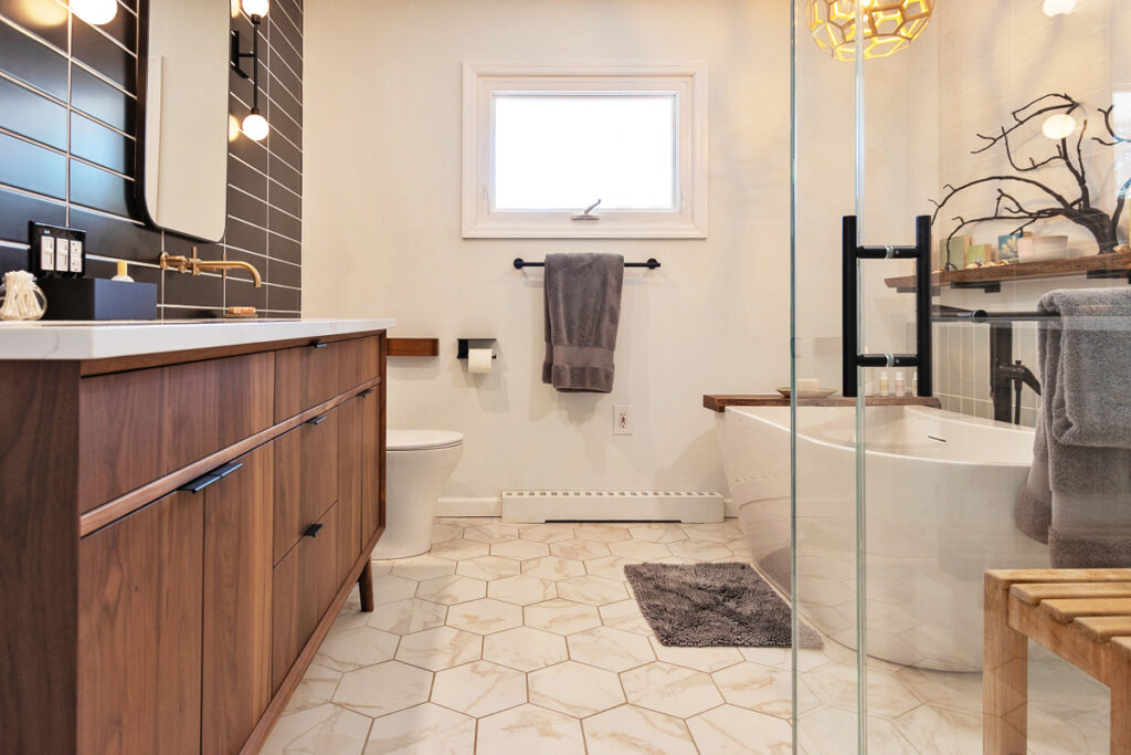 A Bathroom with Wooden Cabinet
