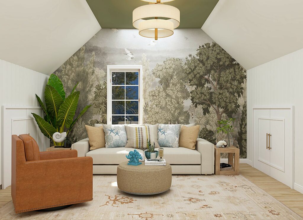 A Cozy Living Room Featuring a Fireplace and Vibrant Green Accents Throughout the Decor