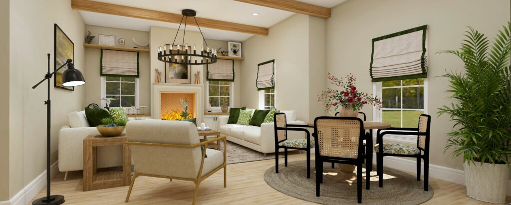 A Cozy Living Room Featuring a Dining Table Surrounded by Chairs