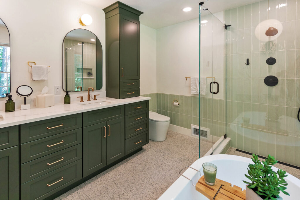 A Modern Bathroom with Green Cabinet