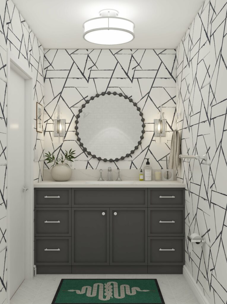 A Bathroom Featuring a Mirror