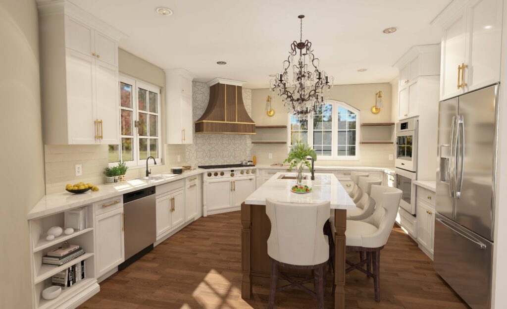 Elegant Kitchen Interior With a Chandelier Hanging