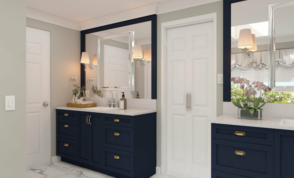 A Stylish Bathroom Featuring a Blue Cabinet