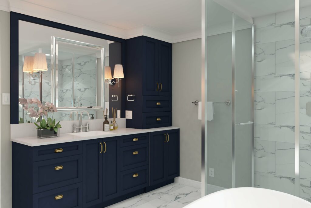 A Stylish Bathroom Featuring a Blue Vanity Complemented by Elegant Marble Countertops